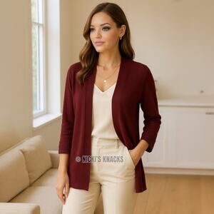 Evolution by Cyrus Myna Button Sleeve Open Cardigan Burgundy Knit Sweater Size S